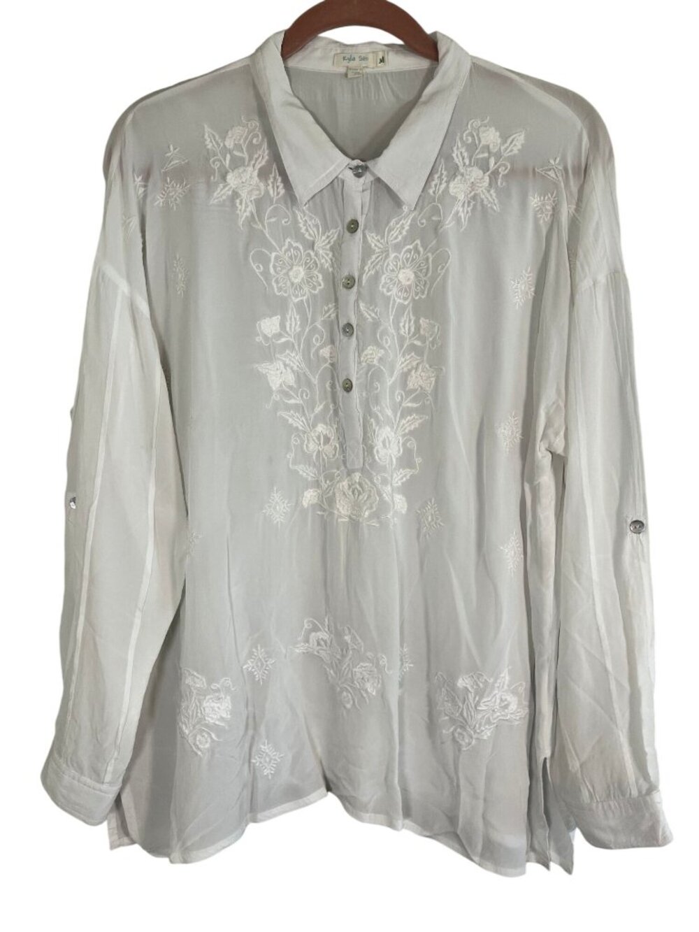 Neutral Sheer Floral Embroidered Shirt M Boho Indie Coastal Preppy Resort Chic